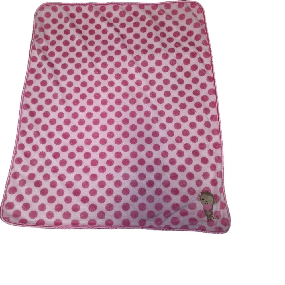 Carter's CHILD of MINE Pink‎ Polka Dot Monkey Baby Blanket Lovey Plush Sherpa